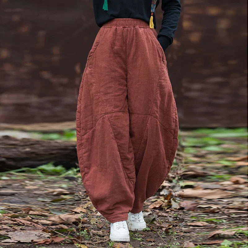 Retro Cotton Linen Lantern Pants Winter Warm Thick Cotton-padded Trousers Women Harajuku Black Pants Clothes Original Design New
