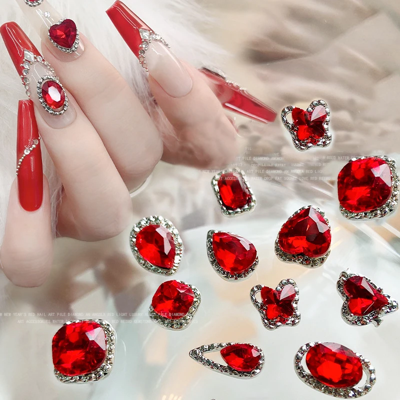 10Pcs Shiny Red Hearts Nail Rhinestone 3D Metal Water Droplets  Butterfly Crystal Wedding Nail Decoration Valentine's Day DIY