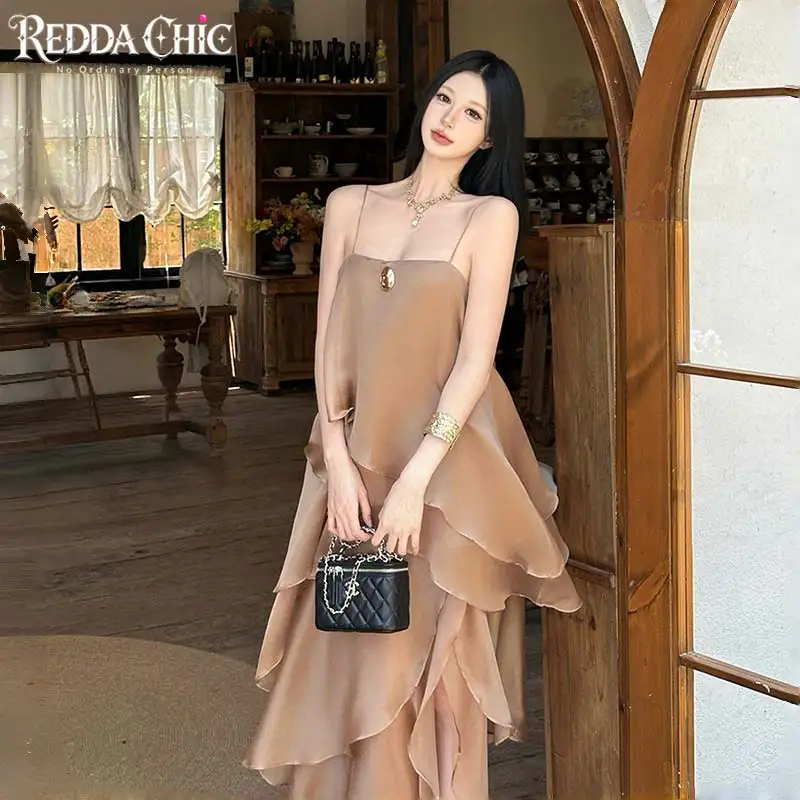 ReddaChic Ruffle Tiered Organza Party Dress Women Wedding Guest Asymmetrical Flowy Loose Cake Maxi Party Gown Elegant Costume