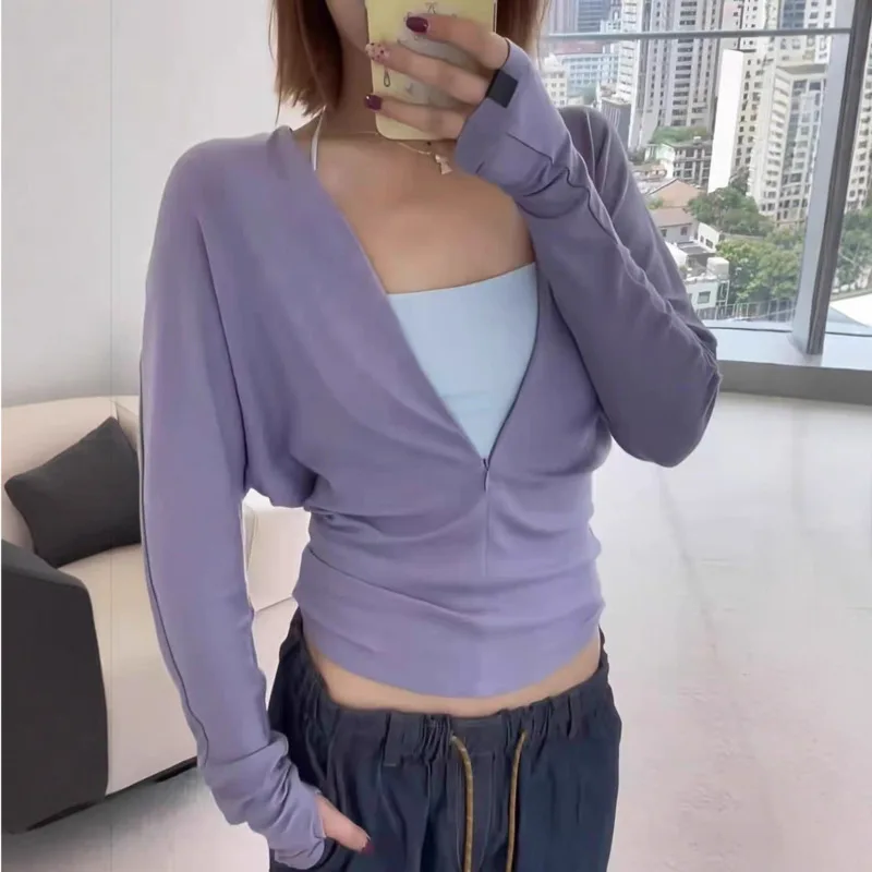 

Slimming V-Neck Hidden Pull Batwing Sleeve Wool Top Long Sleeve Women's Autumn New Versatile Casual Solid Color Minimalism Tops
