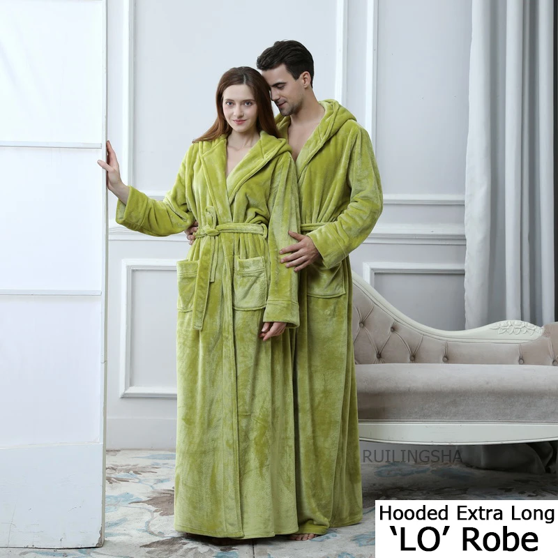 Lovers Plus Size Hooded Extra Long Warm Bathrobe Thick Flannel Men Women Winter Bath Robe Cozy Coral Fleece Dressing Gown Spa