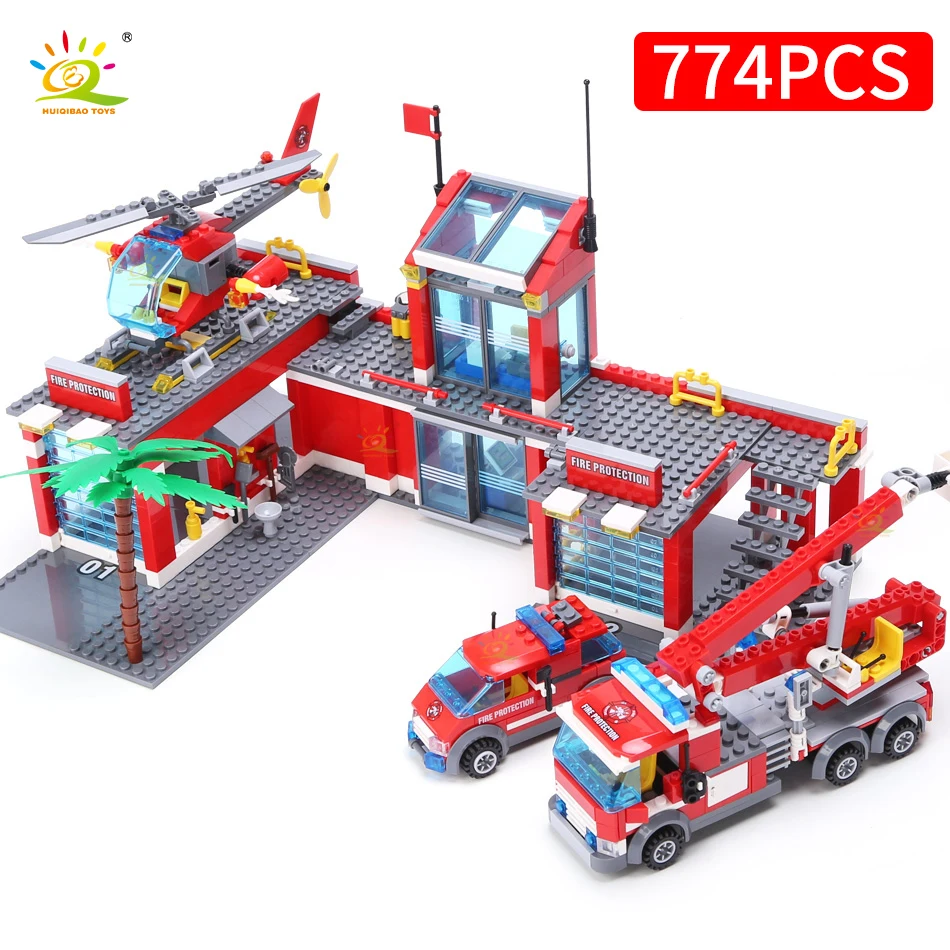 HUIQIBAO 774pcs City Fire Station Model Building Blocks Boys Firefighter Truck Educational Construction Bricks Toys For Children