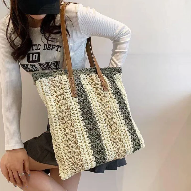 Swimming Storage Bag Casual Large Capacity Straw Woven Tote Shoulder Bags For Women Luxury Designer Beach Ladies Handbags