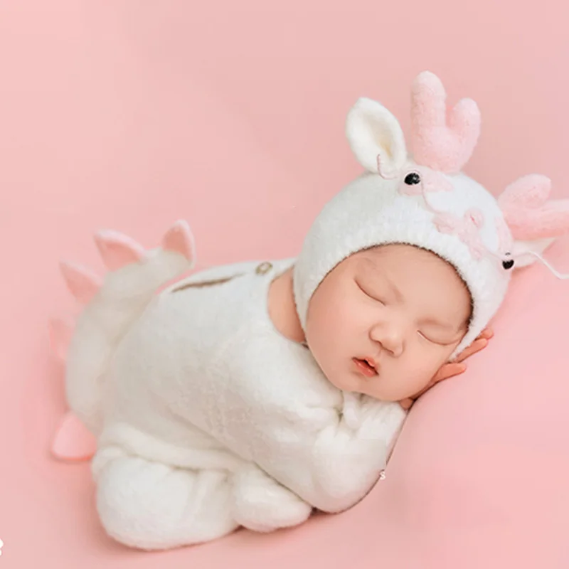 Ropa de fotografía de bebé recién nacido, gorro de dragón chino de punto, mono de manga larga, tema blanco rosado, accesorios de Fotos de Animales para bebé