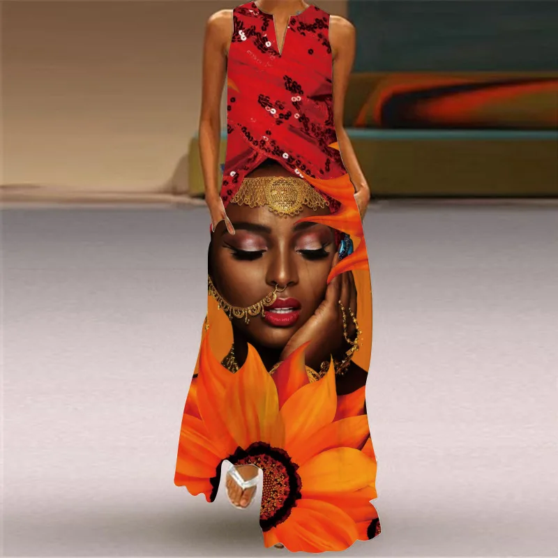 

Новое платье, женская модная пляжная юбка в богемном стиле с принтом фигуры, длинная юбка без рукавов с V-образным вырезом, свободная и большая юбка-жилет с широкой юбкой