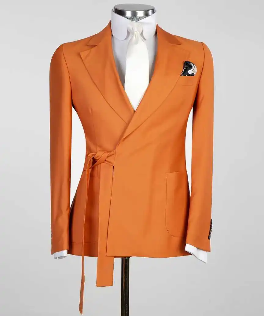 Simple Orange Wedding Tuxedos 1 Piece Set Jacket Drawstring Men Suit Peaked Lapel Fashion Classic Party Suits Customized