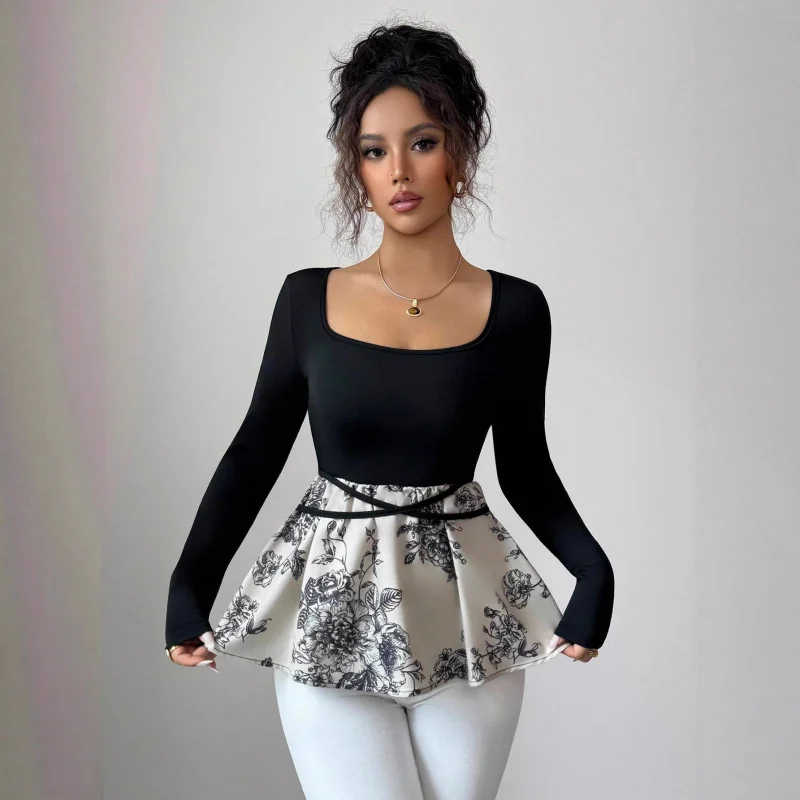 

Осенний новый универсальный топ с квадратным вырезом и цветочным подолом