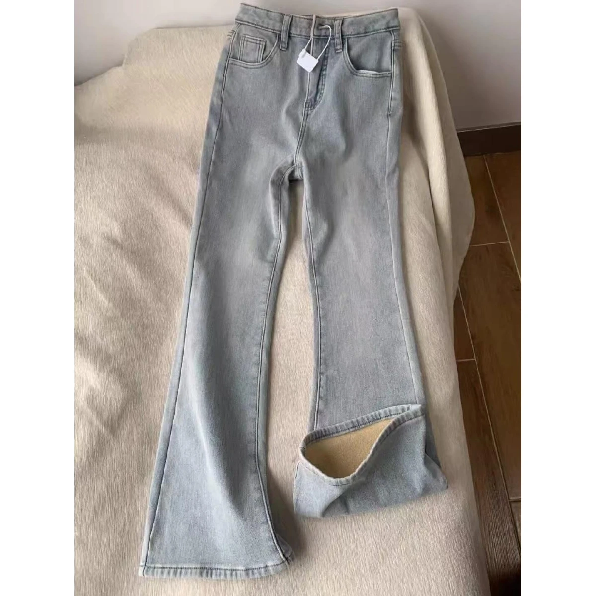 

plus Size Women's Fce Lined Thiened Micro Flared Jeans High Waist Elastic Slimming Hip Covering Hoof Pants Casual ...