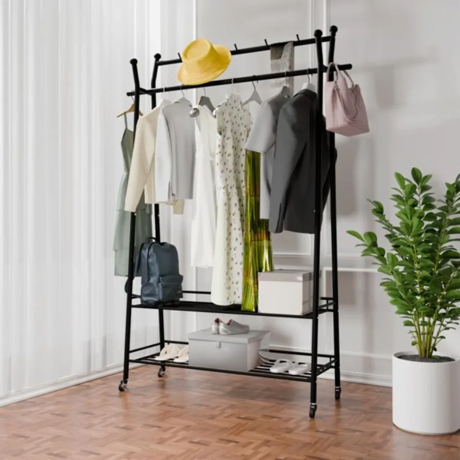 

1pc Double layer Garment Rack with Wheels Freestanding Clothing Rack for Hanging Clothes Multifunctional Bedroom Clothes Rack