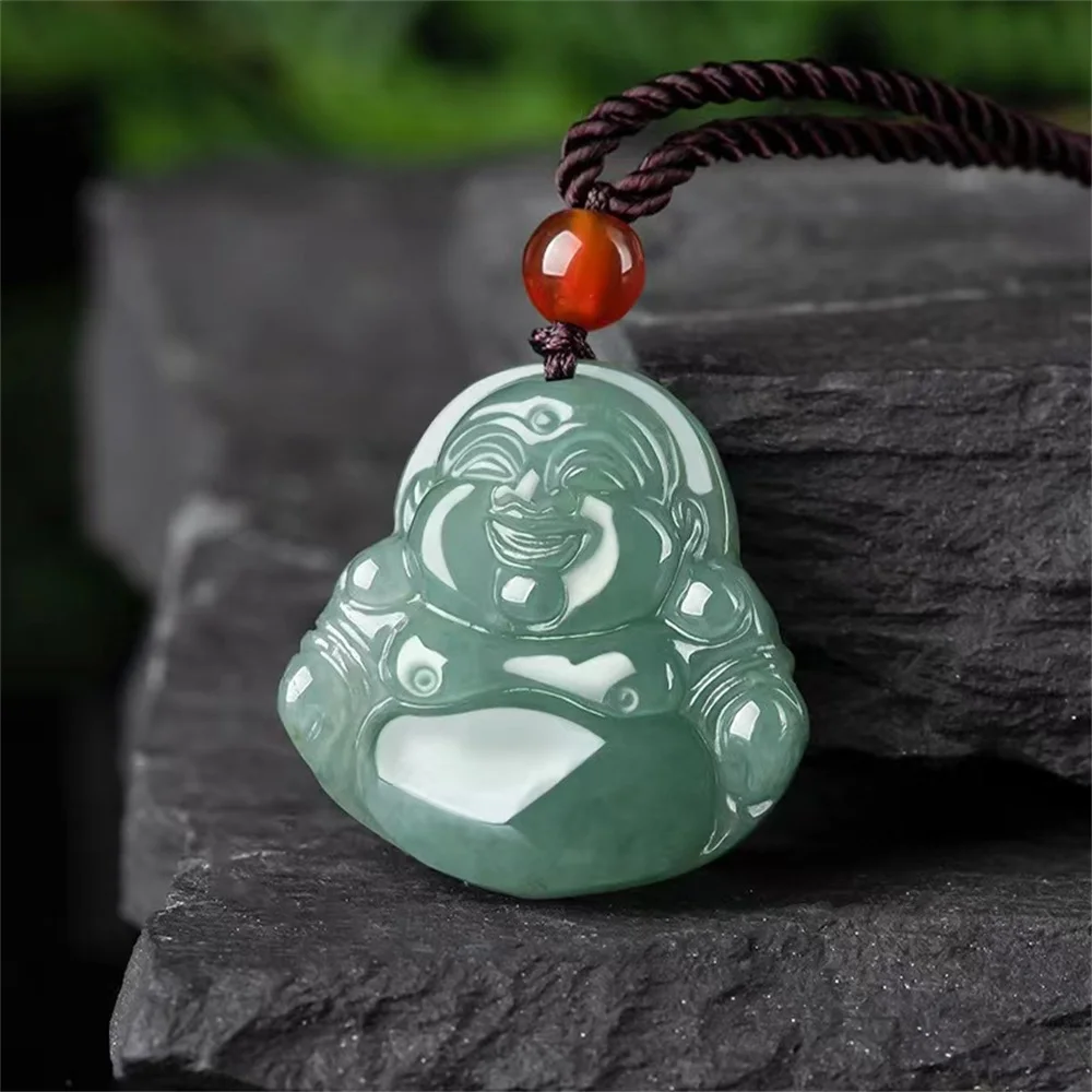 Natural Ice Green Grade A Jadeite Carved Chinese Smile Buddha Lucky Amulet Pendant Necklace Certified Woman Man Gift Jewelry