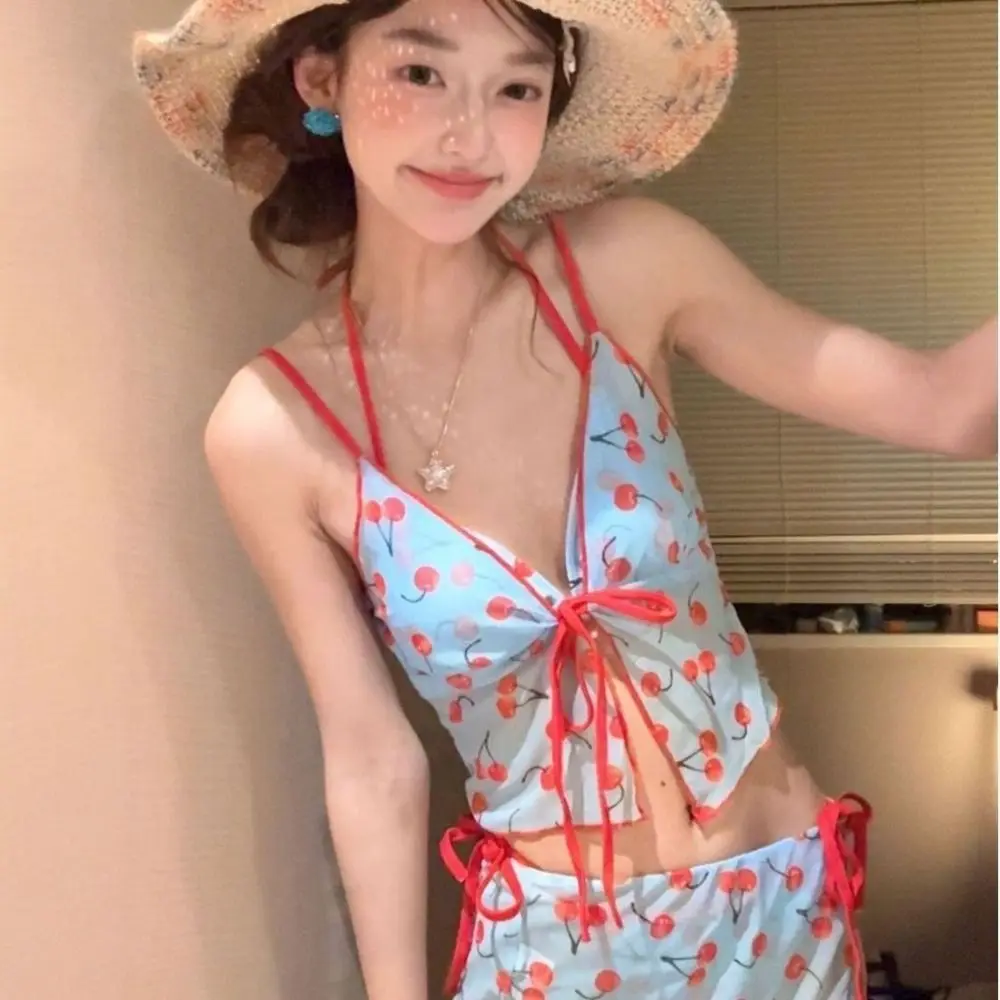 Split Swimsuit Pure Color Cherry Bikini Set Push Up V Neck Four Piece Set Print Pattern Wrap Skirt Bathing Suit Korean Style