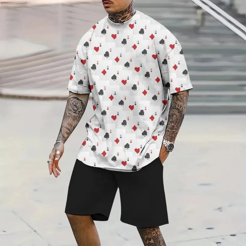 2025 3D Poker Print Summer Casual Breathable Short Sleeved Shorts Style Oversized Polyester Fiber Fashionable Men's Style