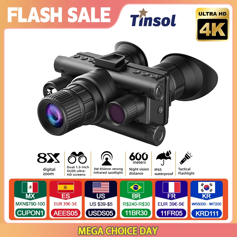 4K UHD Gen 2/3 Night Vision Hunting Binoculars 600m Head Mounted Helmet 8x Zoom NG Night Vision Goggles with Tactical Flashlight