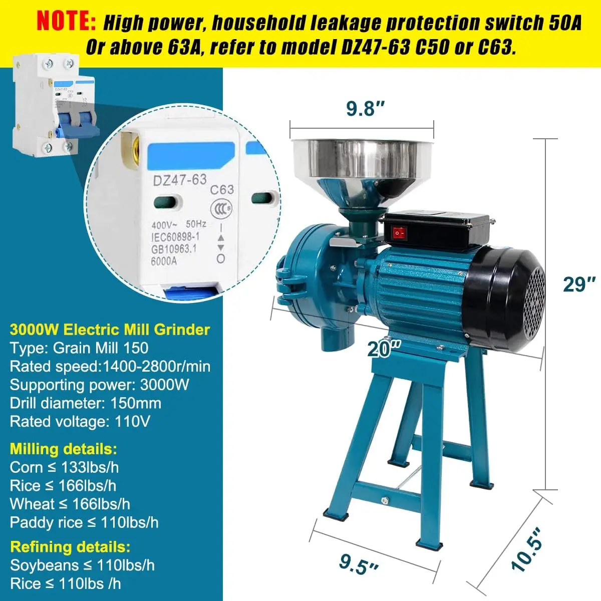 3000W เปียกแห้งธัญพืชเครื่องบดไฟฟ้าเครื่องบดเมล็ดข้าวโพด Mill Heavy Duty 110V Commercial เครื่องบดเมล็ด Ric