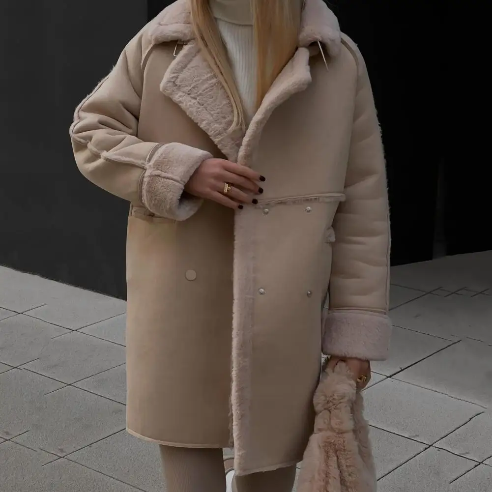 Fall Winter Wome Jacket Plush Coat Lapel Cardigan Thickened Mid Length Long Double-breasted Loose Windproof Lady Overcoat