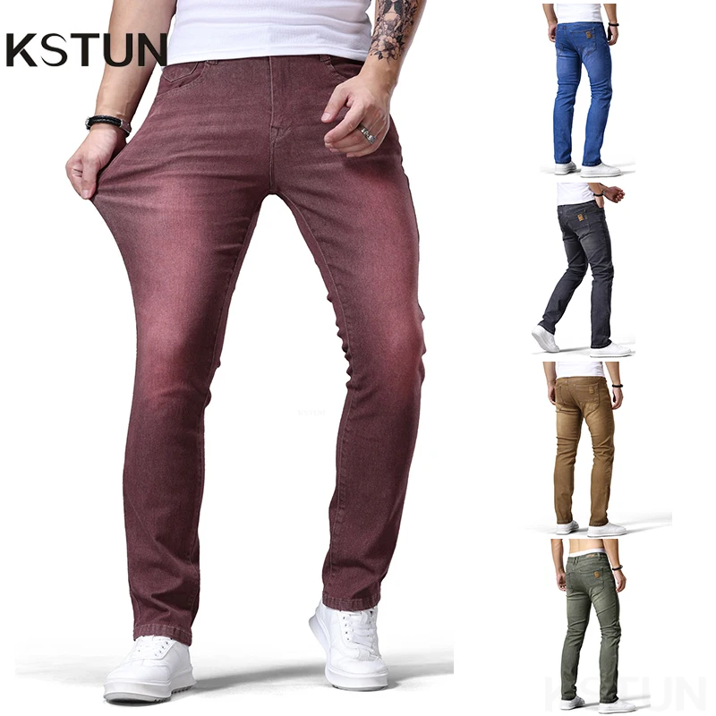 

KSTUN Мужские джинсы скинни Midnight Sculpt, эластичные повседневные винно-красные городские посадки, разработанные для современного человека, полный модного смысла