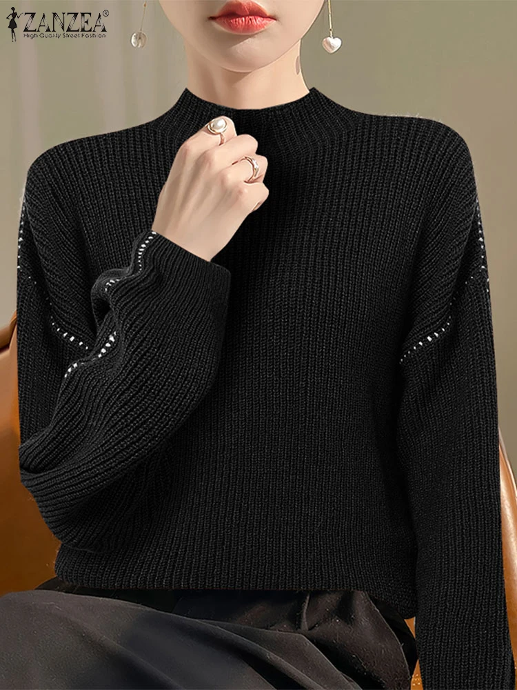 

ZANZEA 2025 Fashion Turtleneck Knitted Sweaters Women Winter Pullovers Autumn Tops Streetwear Solid Casual Tops Oversized Jumper