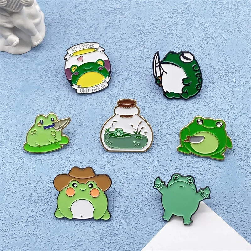 Funny Little Frog Collection Metal Enamel Brooch Cartoon Cute Cowboy Love Frog Small Animal Badge Lapel Pin Jewelry Accessories