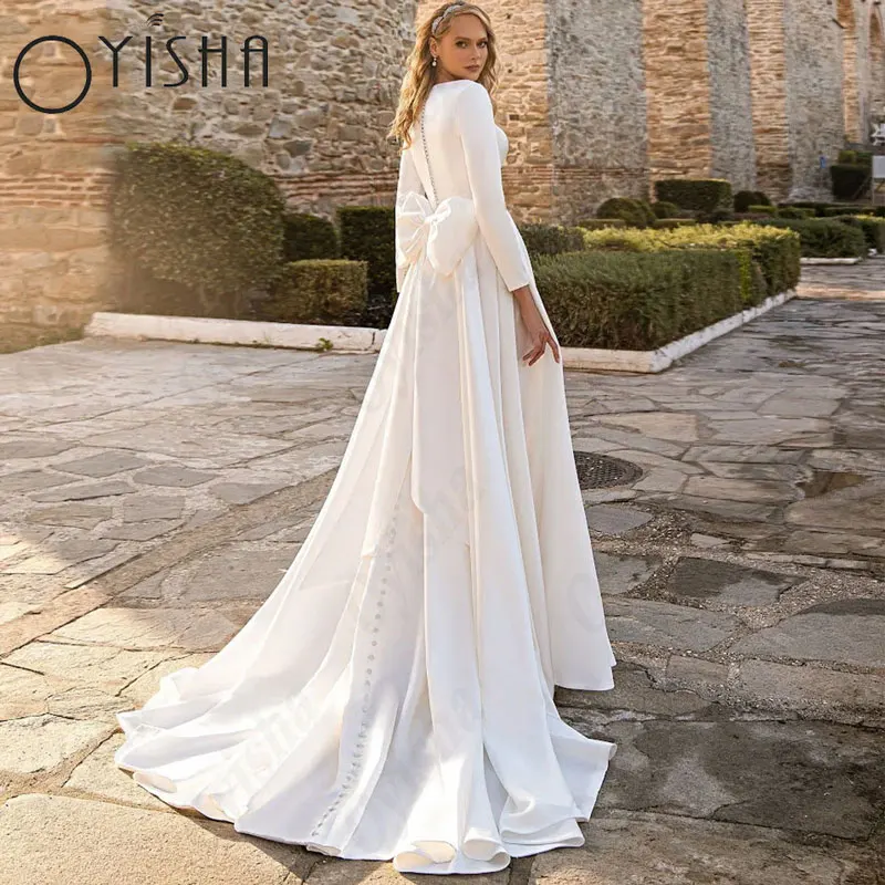 OYISHA-Robes de mariée A-ligne à col rond pour femmes, satin blanc, manches longues, magnifiques patients, tout ce qui est exquis, robes éducatives musulmanesOyisha o - neck a - word robe de mariée musulmane Blanc Sati