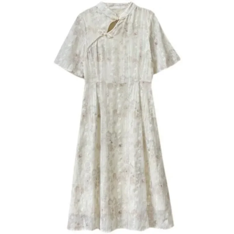 Summer Women Chiffon Improved Cheongsam Elegant Chinese Traditional A-Line Short Sleeve Party Dresses