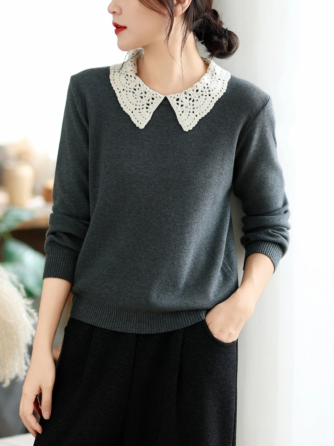 High-End Long-Sleeve Knitted Lace Patchwork Doll Collar Women's Fashion Trend Autumn New Arrival Bright Thread Acrylic Single...