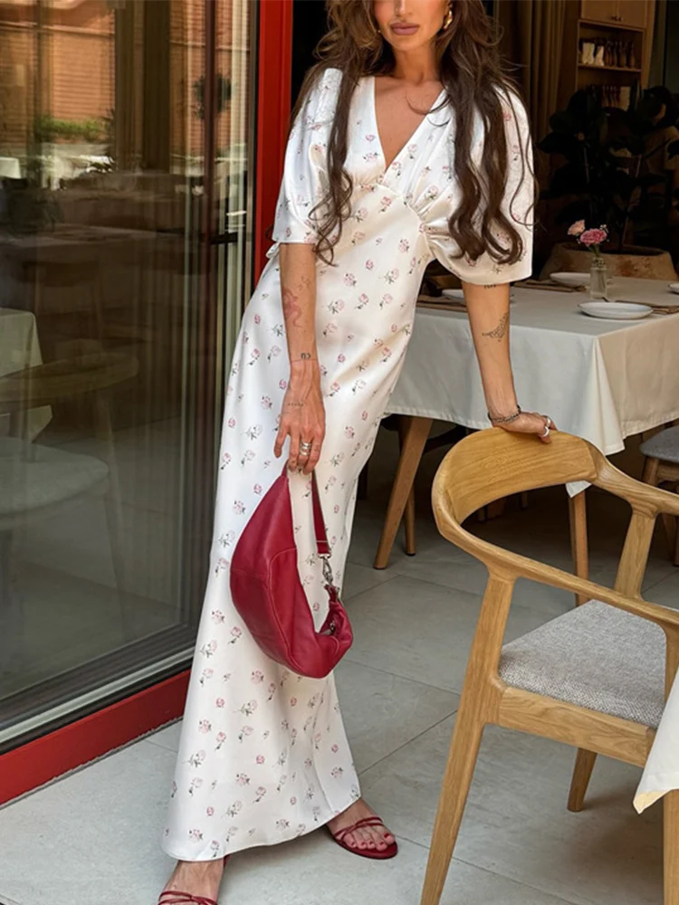 

Trendix Floral Print Maxi Dress Women 2026 Summer V Neck High Waist Short Sleeve Long Dresses Party Slim Elegant Evening Dress