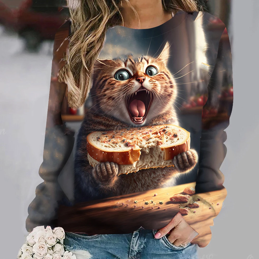 Fashion Cute Cat Sweatshirts Animal 3D Print Hoodies Women Casual Long Sleeve Y2k Hoodie Oversized Pullover Tops Female Clothing