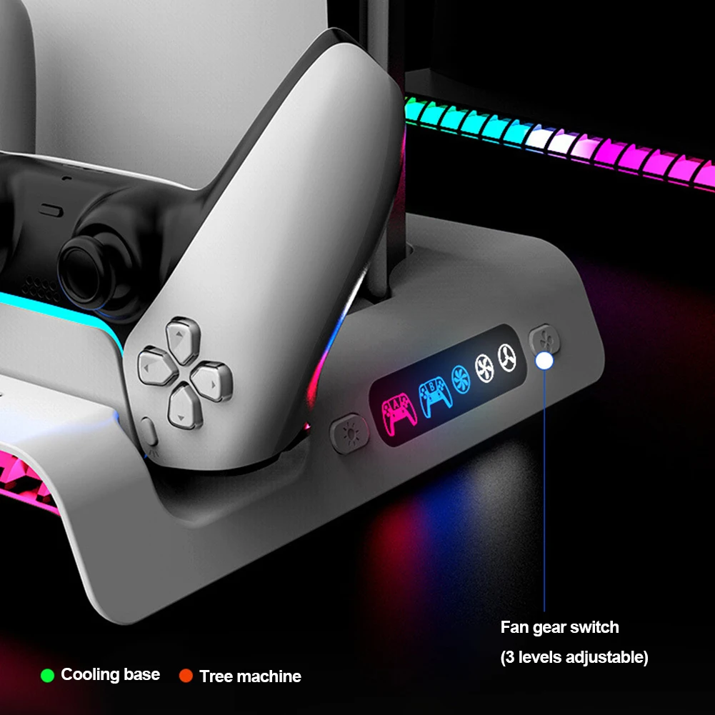 لمحطة تبريد PS5 ذات حامل نحيف مع مروحة تبريد خفيفة RGB وشاحن وحدات تحكم مزدوجة لوحدة التحكم الرقمية والقرص PS5