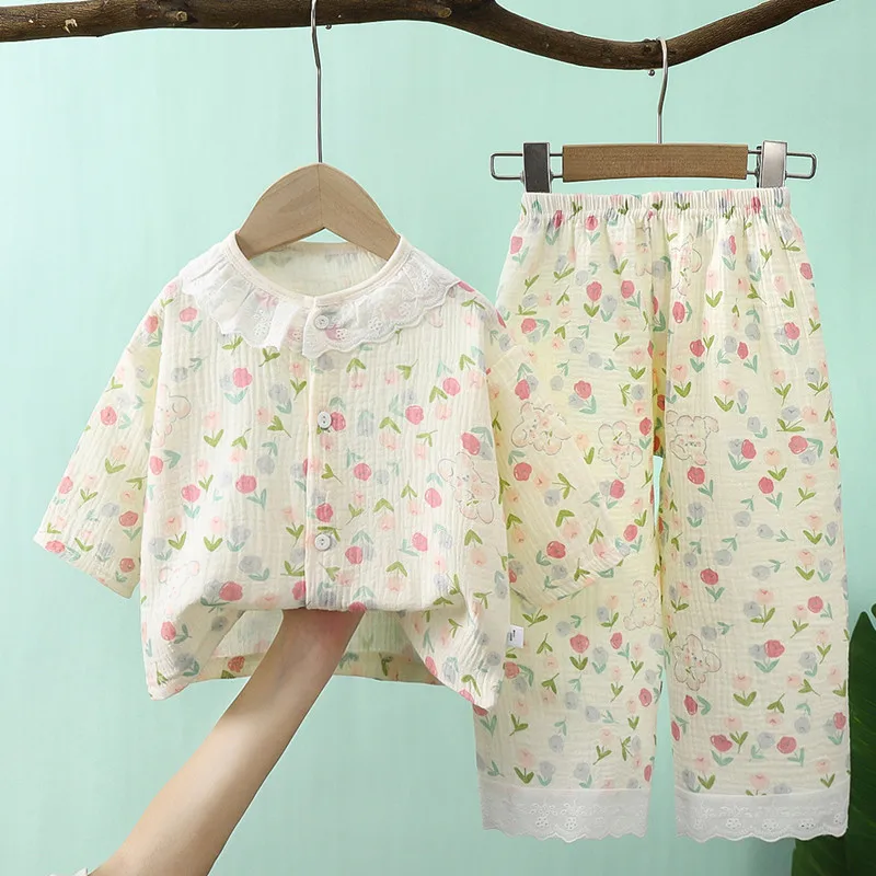Girls pyjamas Clothes Children\'s Muslin Cotton Homewear Set Baby Lace Outfit Suit Shirt Tops+Pants 2PC 0-10 Years