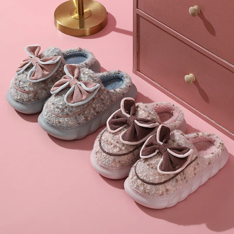 2022 New Winter Cotton Slippers Women Warm Platform Shoes Cute Bow Thick Sole Soft Plush Girls Indoor Home Floor Slides