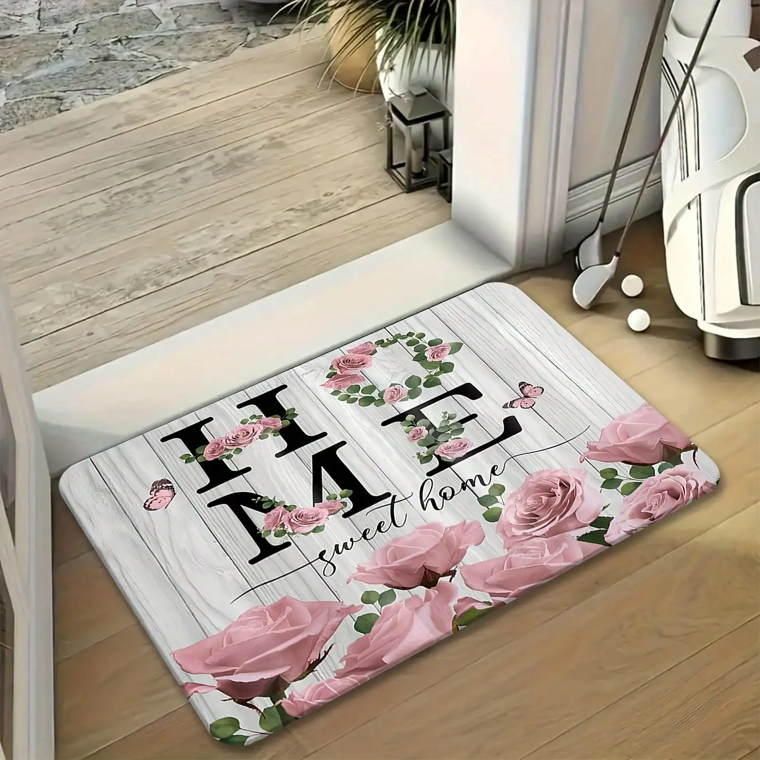 1pc Soft Flannel Non-Slip Machine Washable Mat - Wood Plank Texture With Pink Roses & 