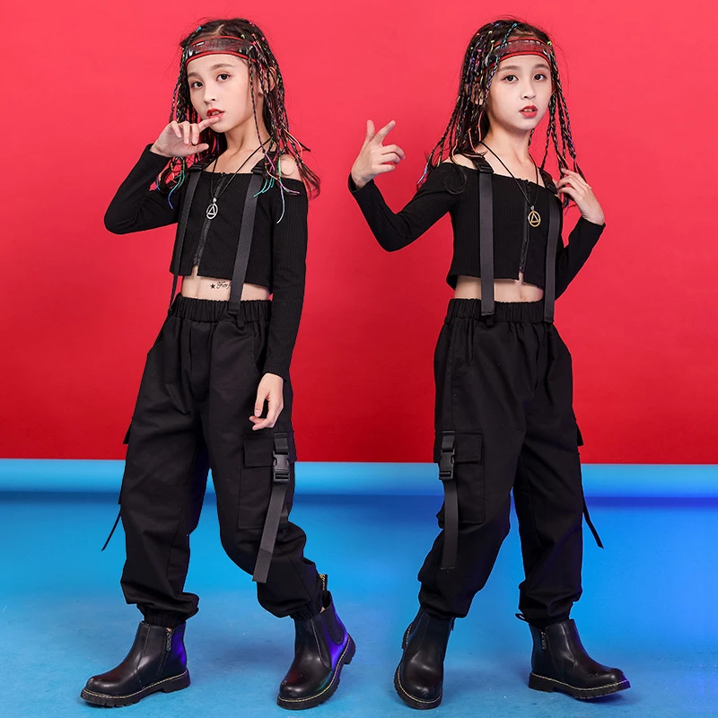 

2024 Hip Hop Dance Costumes For Girls Black Crop Top Cargo Pants Kids Clothing Jazz Dance Performance Show Stage Wear DQS10636