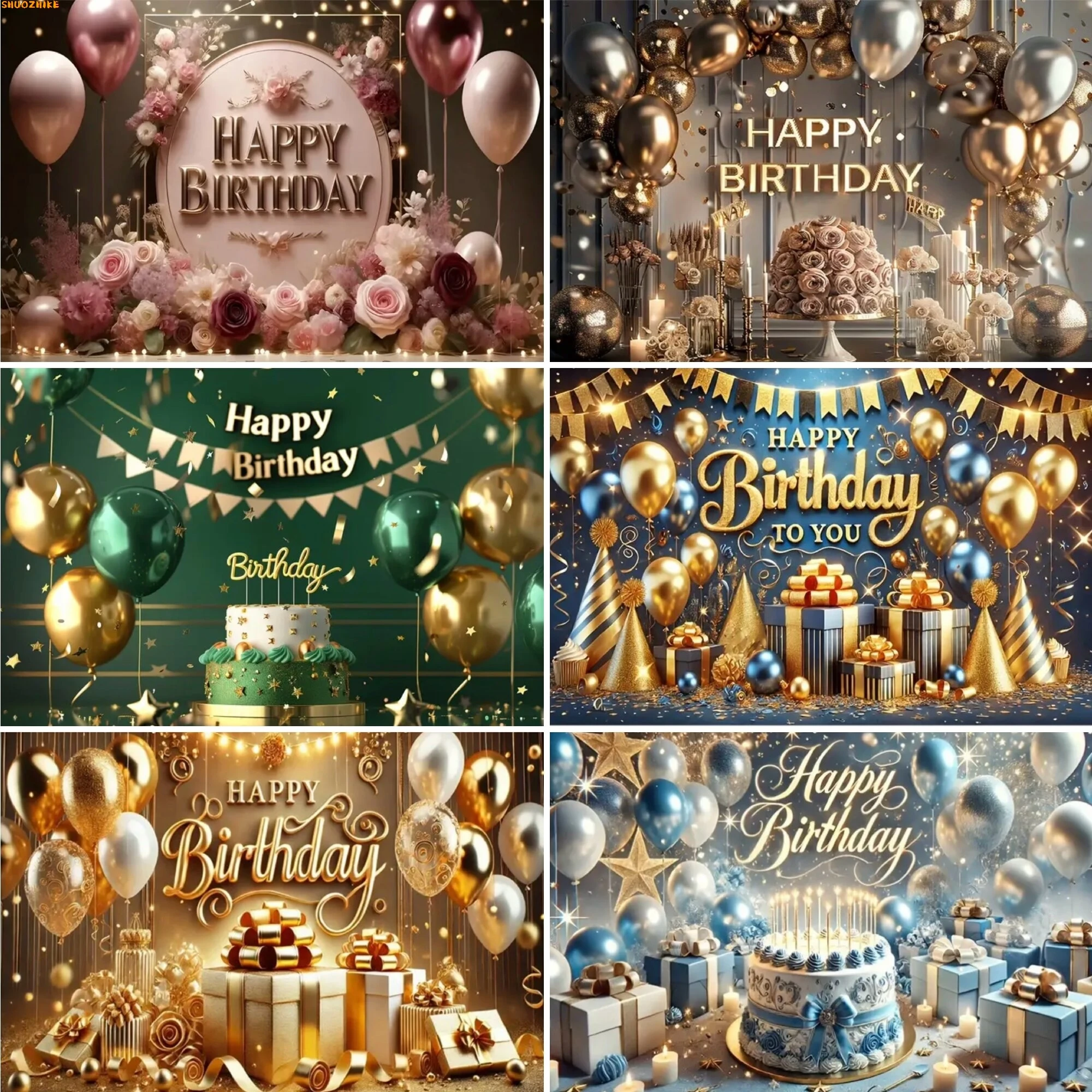 

Happy Birthday Golden Luxury Photography Backdrops Balloon Birthday Mural Suitable for Family Photo Studio Background AB-01