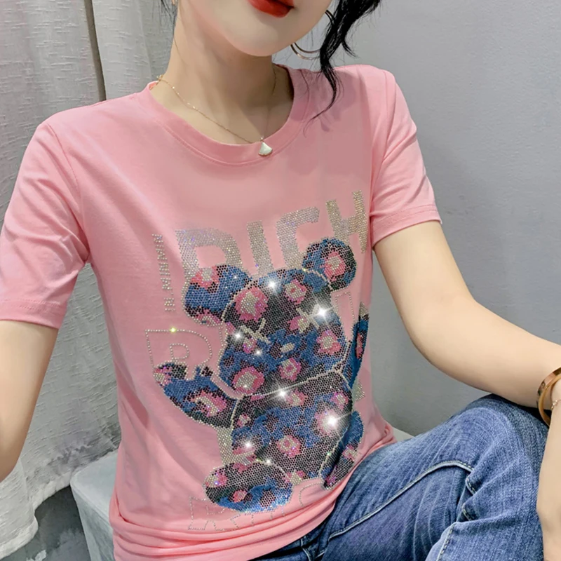 Black Summer Korean Clothes T-Shirt Chic Sexy Shiny Diamonds Cartoon Dear Women Tops Short Sleeve Hand Made Tees 2024 New 43144