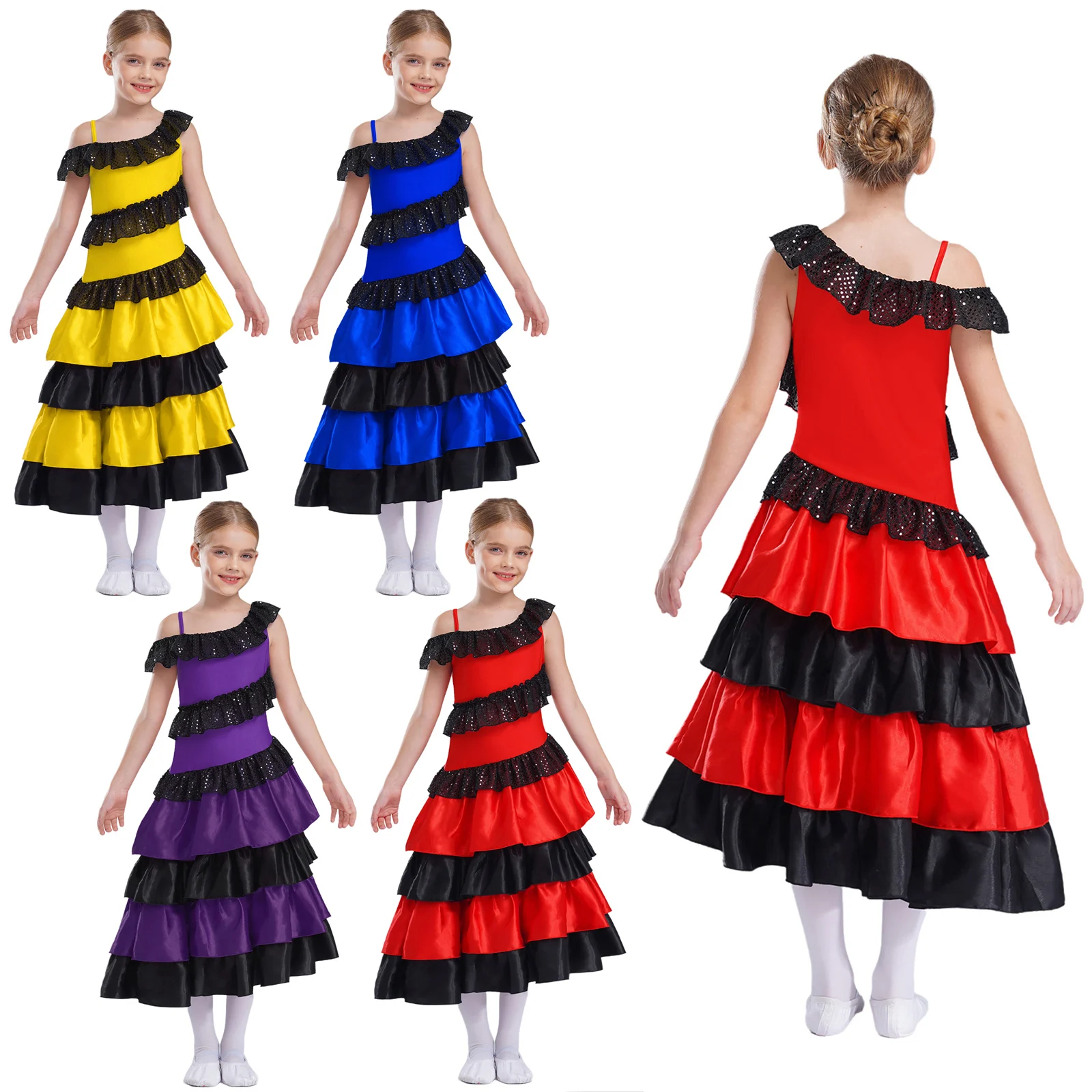 Girls Spanish Flamenco Dance Dress Off Shoulder Ruffles Satin Dress Classic Flamengo Gypsy Dress Dancewear Performance Costume