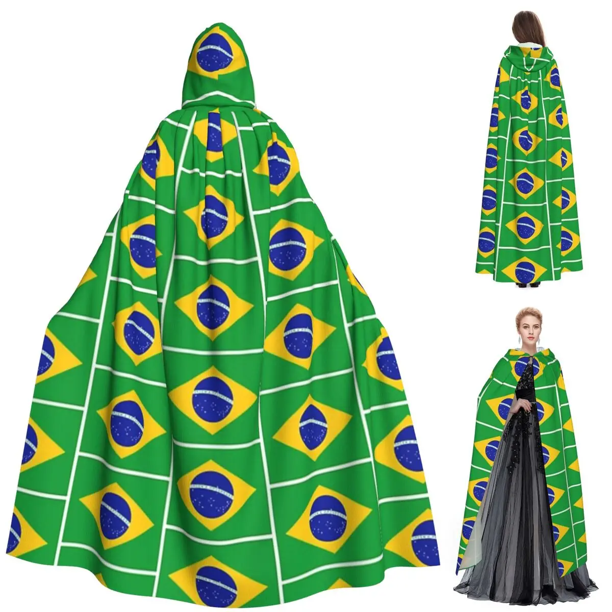 Capa larga con capucha de la bandera nacional de Brasil, disfraz Medieval de bruja, capa de Cosplay para fiesta de Halloween, adulto, Unisex