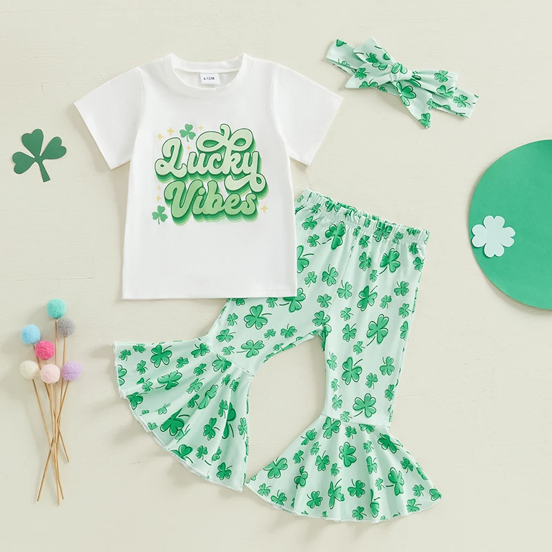 Girls Irish Day Sets Long Sleeve O Neck Letter Print Tops Clover Print Pants Headband Set