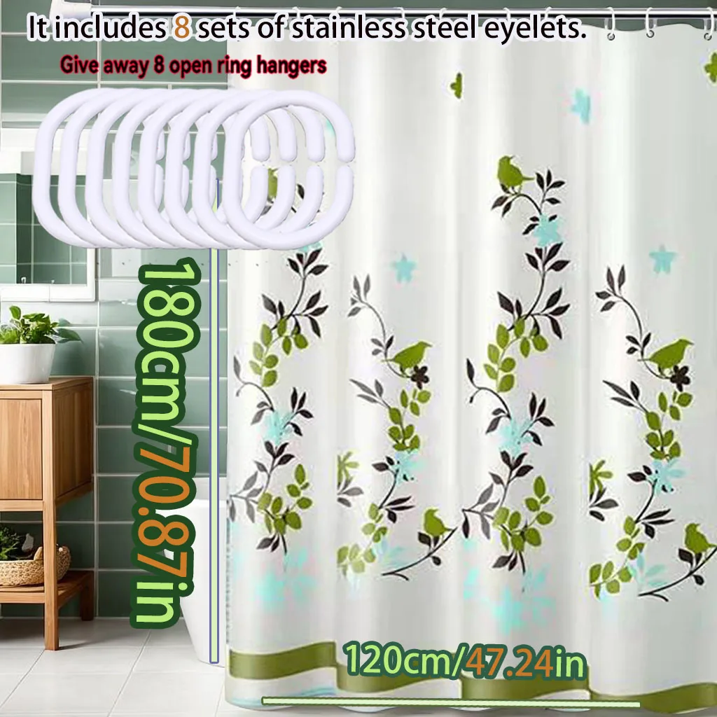 Green Bird Perch Printed Shower Curtain Bathroom Dry and Wet Separation Partition Curtain Privacy and Waterproof PEVA Material
