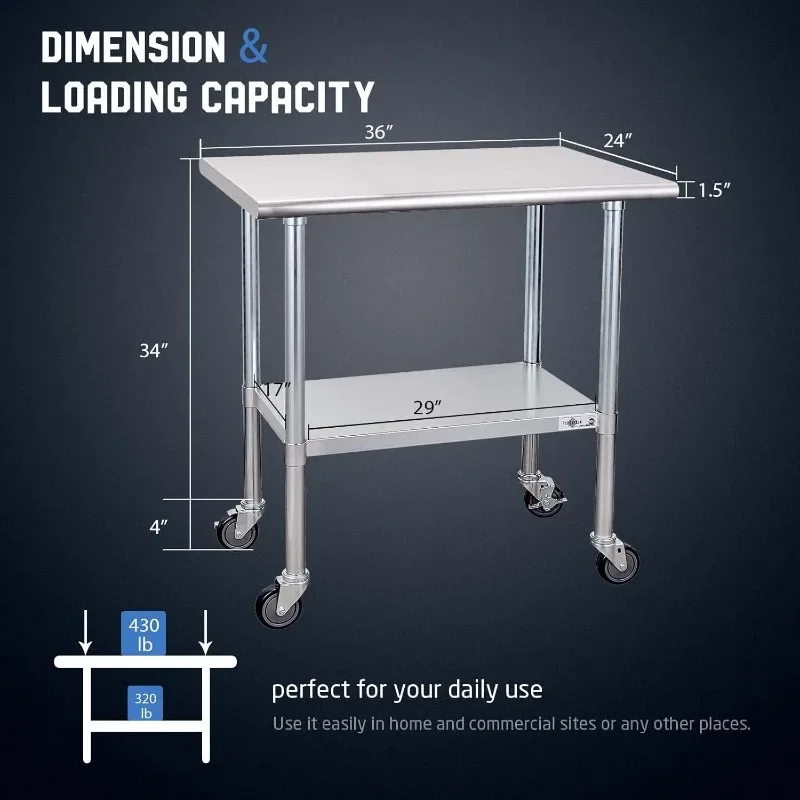 Stainless Steel Table with Wheels 24x36 Inch, NSF Commercial Kitchen Prep & Work Table with Undershelf and Galvanized Legs