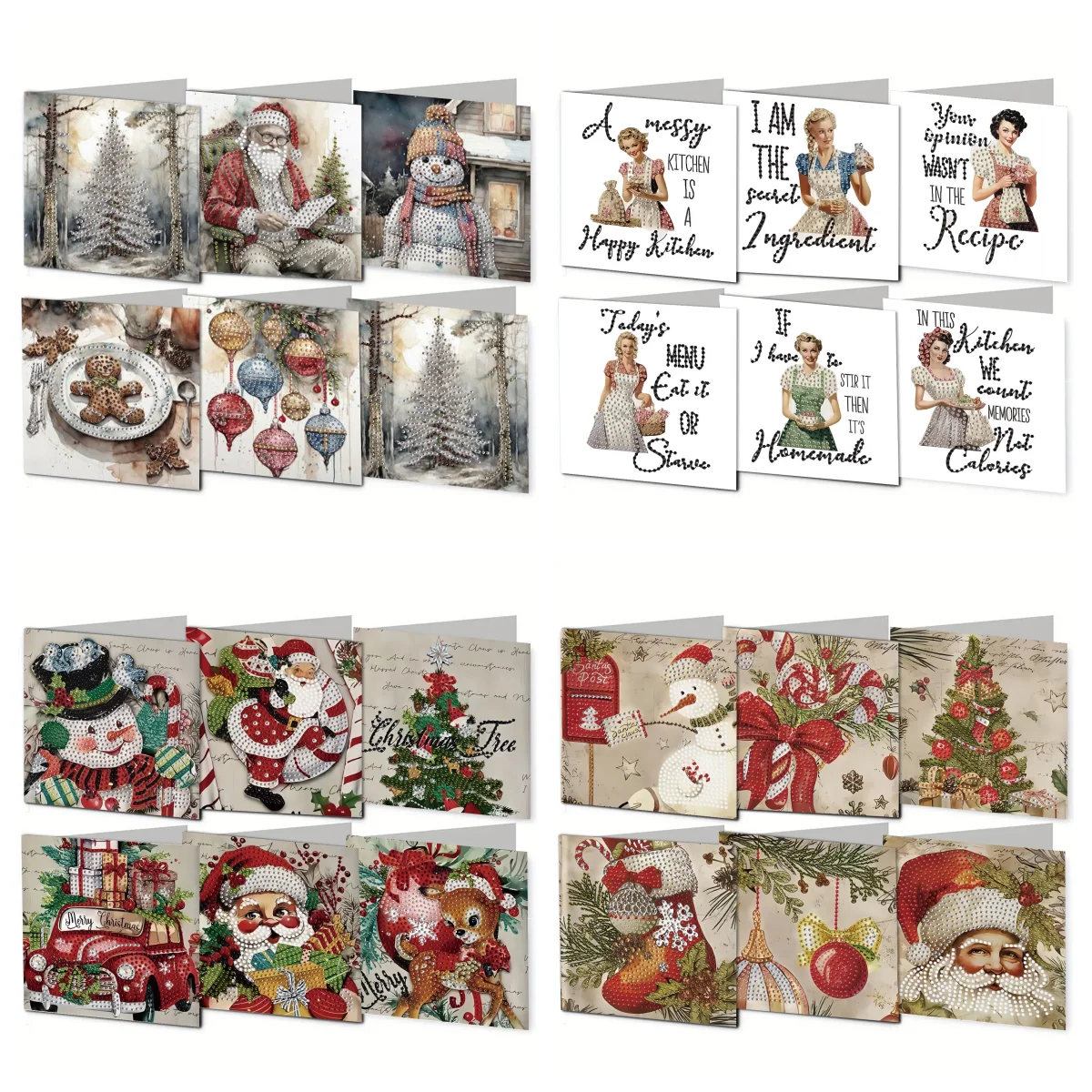 6 Diamant-Bemalte Weihnachtskarten-Postkarten, DIY-Papiermaterial mit Motiven von Weihnachtsmann/Schneemann/Schönheiten