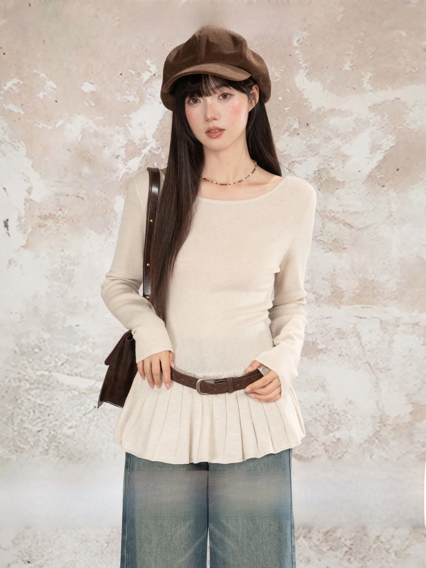 

Loveheynew Long Sve Knitted Top Women's Slim Fit Faionable Milk Peach Le Hemline Autumn Winter Waist Cinching Slimming...