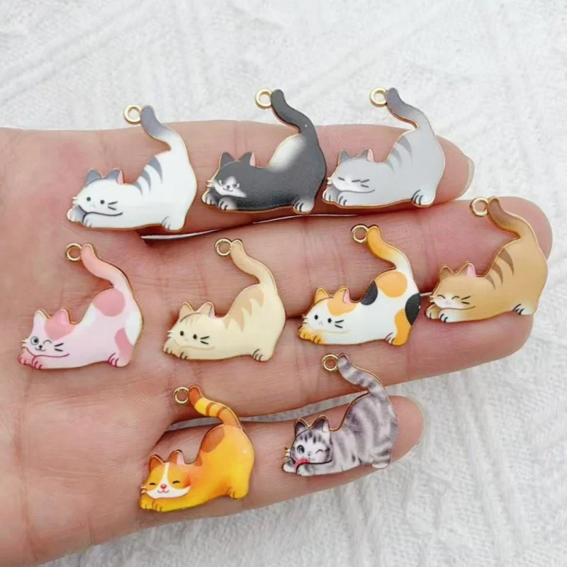 10pcs cartoon cute printed fish hugging cat lying on the ground cat alloy pendant DIY accessory bracelet small pendant