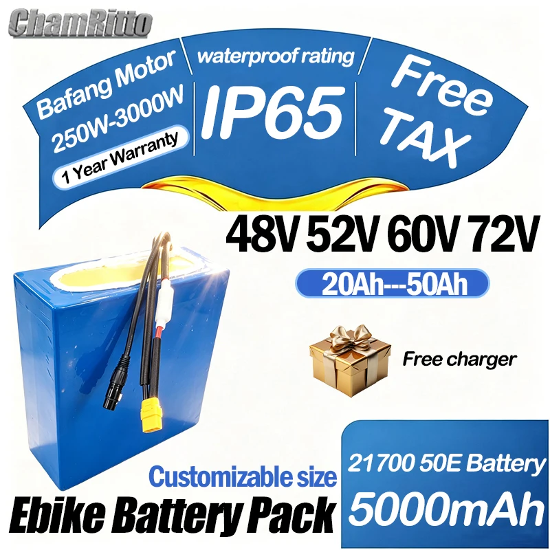 

Аккумулятор для электросамоката/электровелосипеда Chamrider 48В 52В 60В 72В, 2000Вт 3000Вт 1500Вт, высокой мощности, 20Ач 30Ач 40Ач 50Ач, литиевая батарея 21700