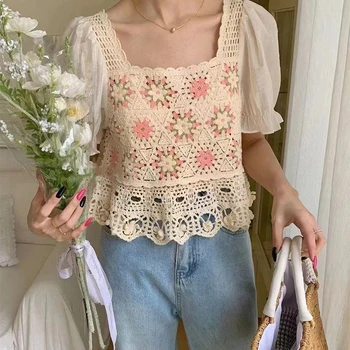할머니 스퀘어 탑 크로셰 니트 할로우 아웃 자수 레이스 스퀘어 넥 블라우스, 10 대 소녀 페어리코어 의상, 여름