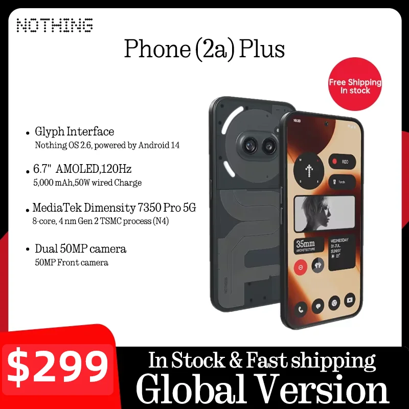 Versão global nada telefone (2a) mais tela AMOLED de 6,7 polegadas 120 Hz MTk Dimensity 7350 Pro Bateria dupla para câmera de 50 MP 5.000 mAh 45 W P