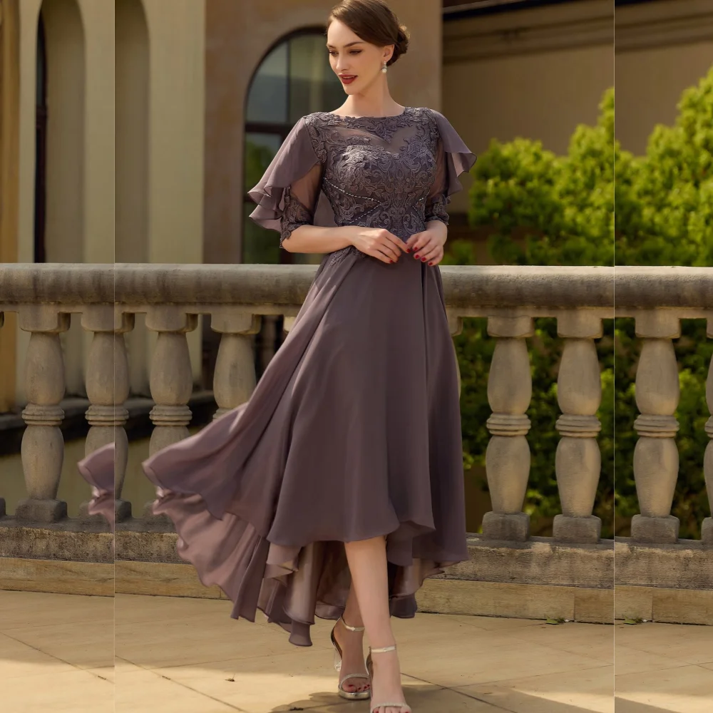 Vestidos midi elegantes personalizados de encaje de gasa con cuello redondo, corte en A, para ocasiones especiales, fiestas, vestido de madre de la novia, clásico y formal.