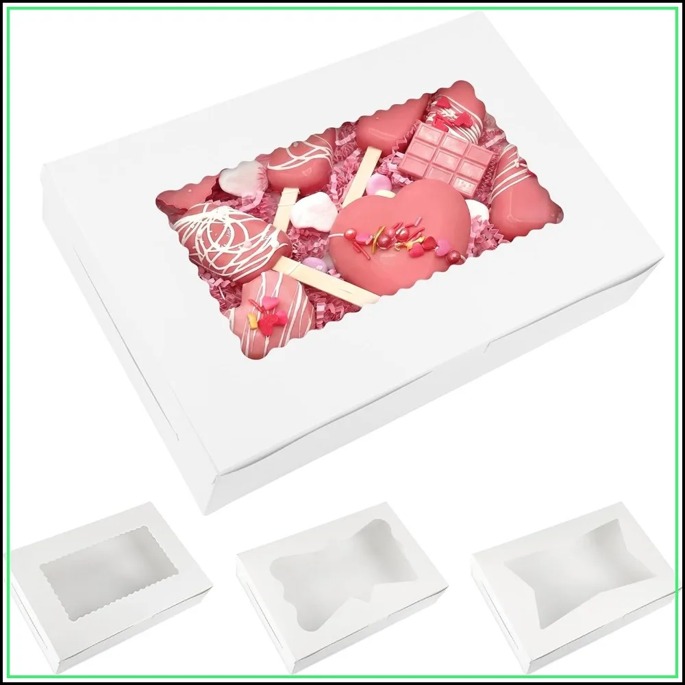

48pcs Bakery Boxes 12x8x2.5 Inches Cookie Boxes with 3 Style Window for Desserts, Gifts, with 4pcs Stickers