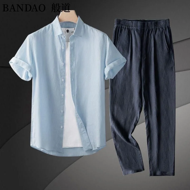 Summer New Fashion Trend Comfortable Breathable Linen Short-Sleeved Shirt Set Men's Casual Loose Sport Large Size Two-Piece Set