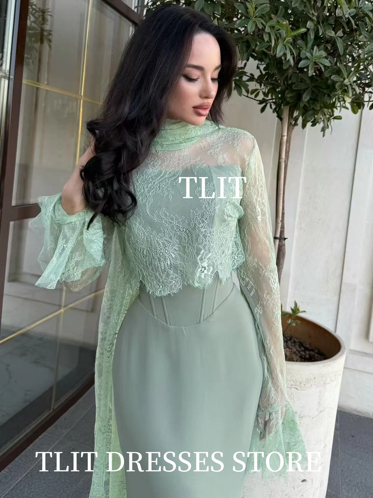 TLIT élégant vert clair soie Satin dentelle sirène robes de soirée sans bretelles vestido de noite personnalisé avec veste robes de soirée