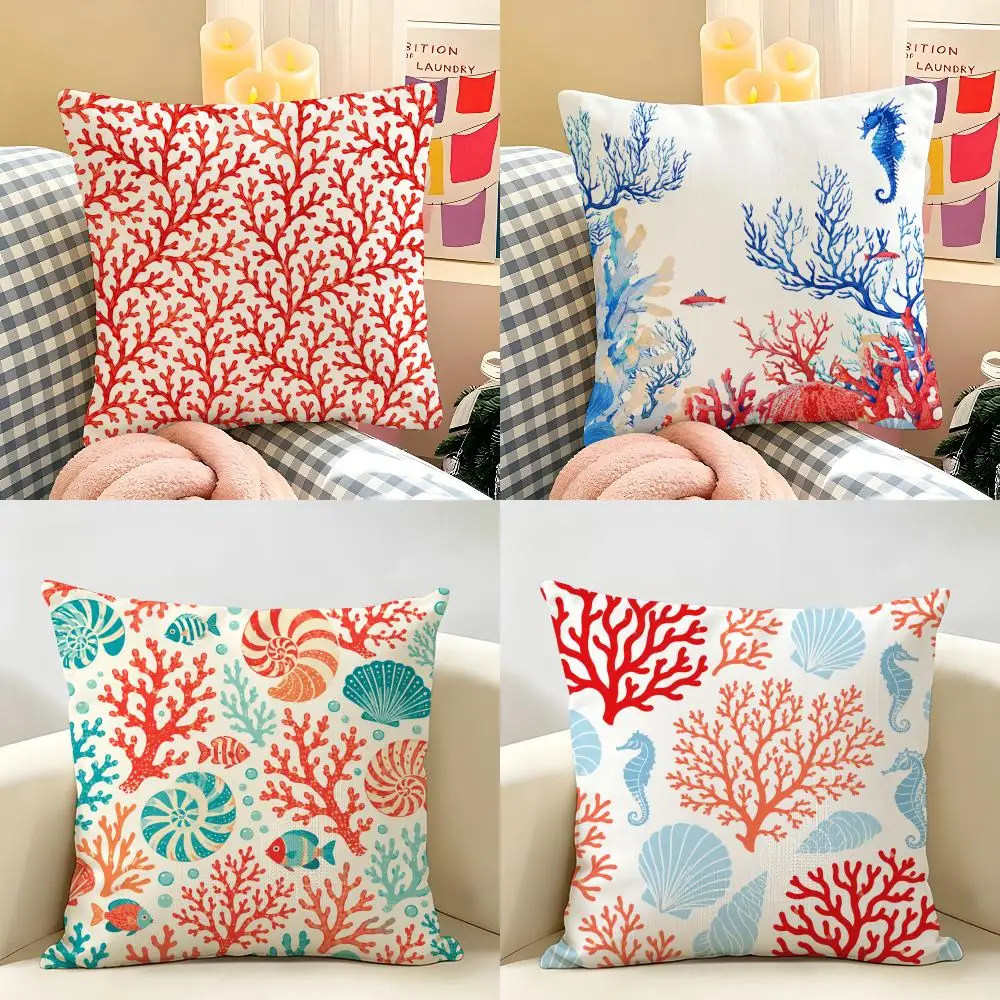 Funda de cojín con estampado de estrellas de mar y arrecifes de coral rojo, tela de lino natural orgánica, impresión a doble cara, transpirable, para decoración del hogar